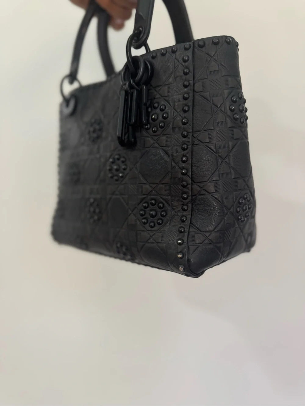Authentic Dior Lady Dior Medium Matte Black Studded 2 way Bag 2018